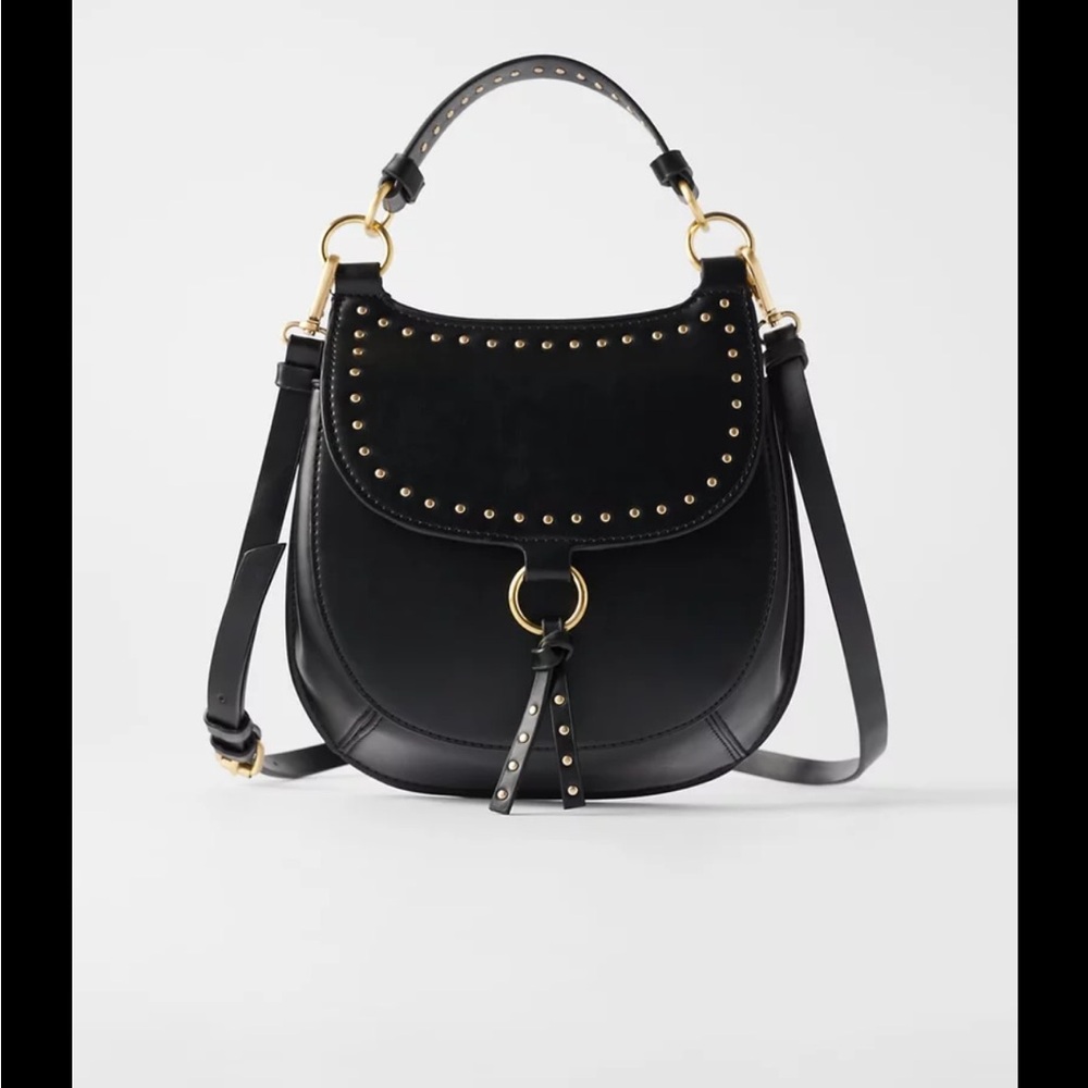 Zara Black Studded Leather Saddle Shoulder Bag